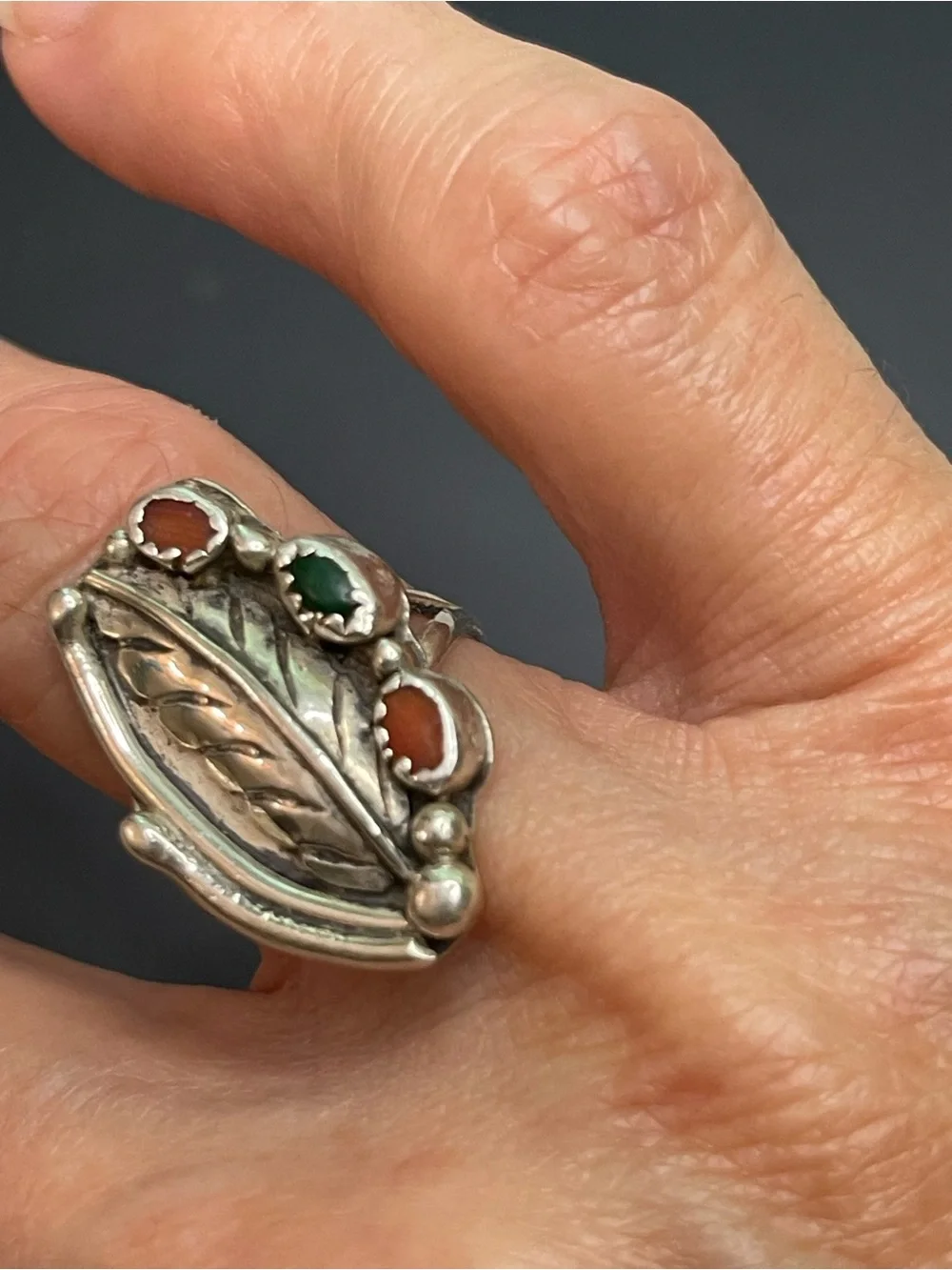 Sterling Leaf Statement Ring with Green and Orange turquoise Stones